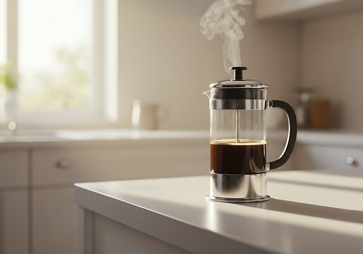 Freshly brewed coffee in a french press on a kitchen counter - Powered by Adobe