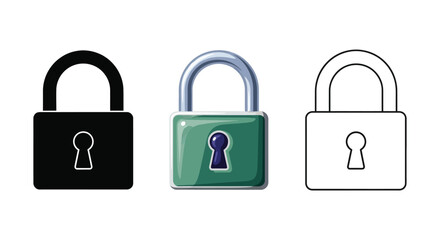 Set of three padlock icons in solid black, colored glossy, and outline style