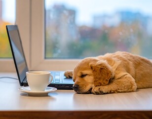 Golden Retriever puppy sleeping on a laptop next to coffee