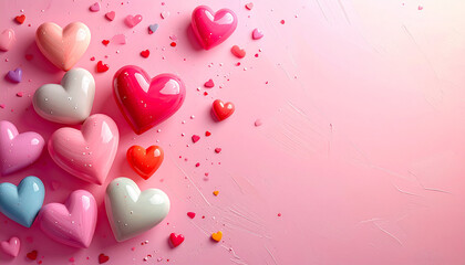 Assortment of Heart Shapes in Pastel and Bright Colors on Pink Background hearts love
