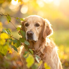 Golden-coated canine framed by foliage with radiant, sun-drenched bokeh