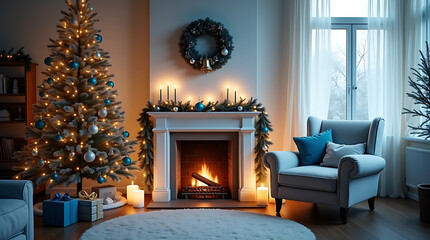 Fototapeta premium Fireplace with christmas decorations at home