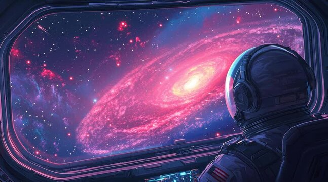 Astronaut gazing at a vibrant galaxy from a spacecraft window