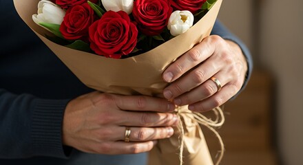 Man holding bouquet of red roses and white tulips wrapped in brown paper