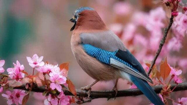 Vibrant jay perched amidst delicate pink cherry blossoms in a serene spring setting