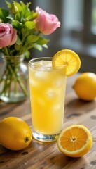 Fototapeta premium Refreshing Honey Lemon Drink with Ice on Wooden Table, Accompanied by Fresh Lemons and Pink Roses, Ideal for Wellness and Clean Eating Concepts.
