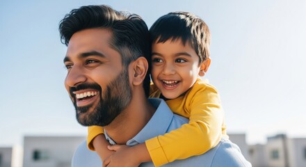 Happy Father and Son Enjoying Piggyback Ride Outdoors