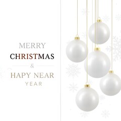 Christmas balls background. Hanging white Xmas decorative bauble, 3d silver metallic snowflakes on the ribbon. Festive vector realistic decor 