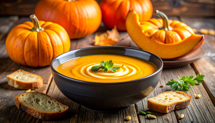 Bowl of Creamy Pumpkin Soup Garnished with Swirl of Cream and Parsley on Wooden Table food