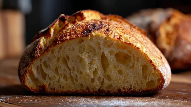 Crusty sourdough bread close up showcasing golden crust and airy interior in a rustic kitchen setting during golden hour light