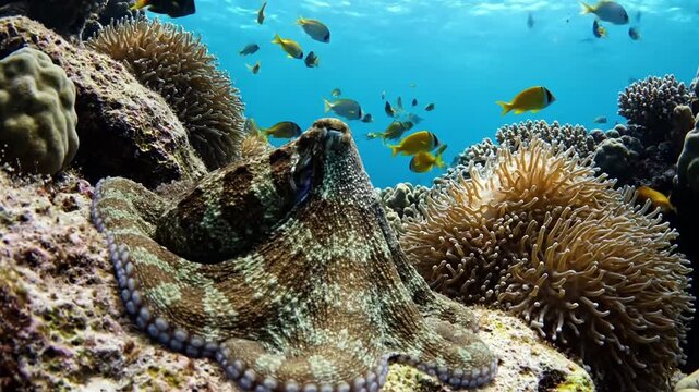 Intricate camouflage of an octopus seamlessly blending into textured coral or rocky seafloor, showcasing its mastery of disguise in pristine marine ecosystems.