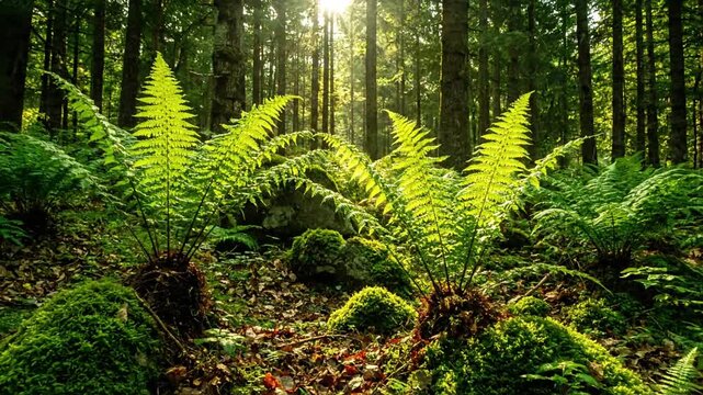A detailed, intimate close up perspective of a young fern frond slowly unfurling, showcasing its delicate fiddlehead spiral as it expands into a fresh, vibrant green leaf.