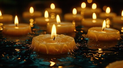 Many small, lit candles in water