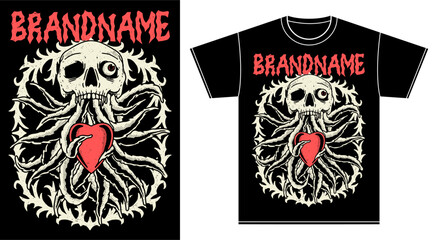 tshirt illustration design metal band merchandise skul octopus and heart © Ruska Studio