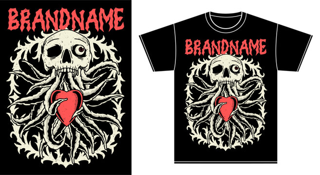 tshirt illustration design metal band merchandise skul octopus and heart