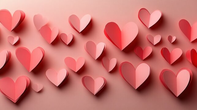 Many pink paper hearts arranged in a horizontal wave