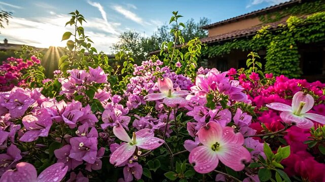 Vibrant Pink Bougainvillea Flowers and Dogwood Blossoms Glisten with Water Droplets in Warm Sunlight Against a Building Facade Covered in Green Ivy