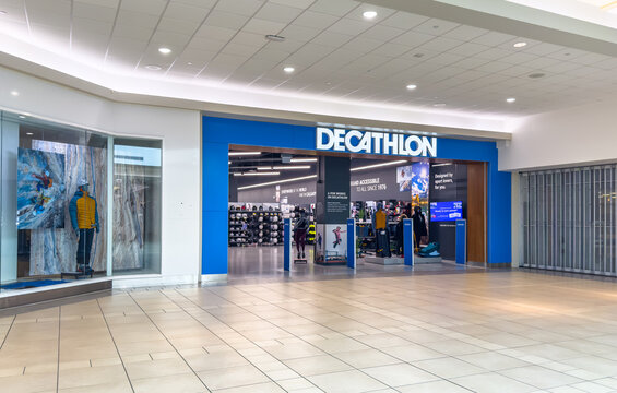 Calgary, Alberta, Canada. Nov 27, 2025. DECATHLON Sporting Goods Store Entrance in Mall.