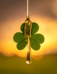 Honey drop over clover against a blurred, golden sunset