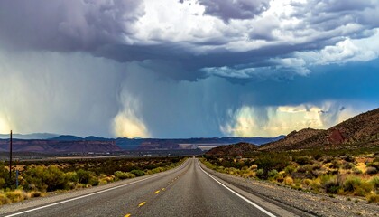 The Wall of Rain. Road Storm. A driver on a straight desert road. In the distance a solid visible wall of extremely heavy rain is approaching with the landscape behind it completely obscured.