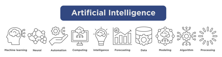 AI concepts illustrated with icons showing machine learning, neural systems, automation, data, and algorithms.
