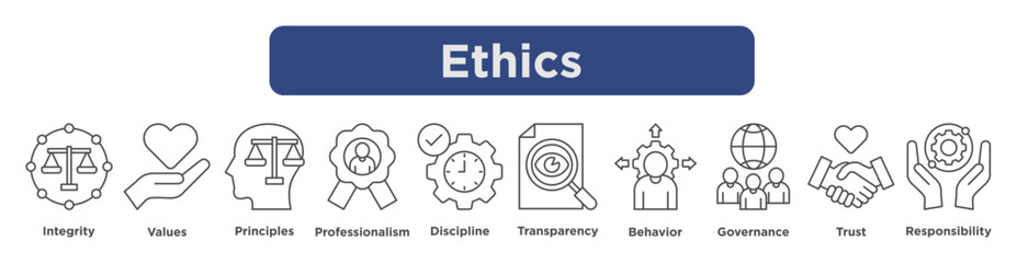 Ethics concept with icons showing integrity, values, principles, transparency, and responsibility.