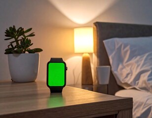 Smartwatch with a green screen on a nightstand in a bedroom