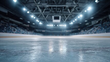 puck. An empty ice rink in a professional hockey arena with atmospheric lighting. event key visuals, club posters, designed for sports event promotions and stadium branding, used by event planners.