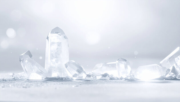 Close-up of Clear Quartz Crystals on a White Surface with Soft Bokeh Lights mineral gemstone