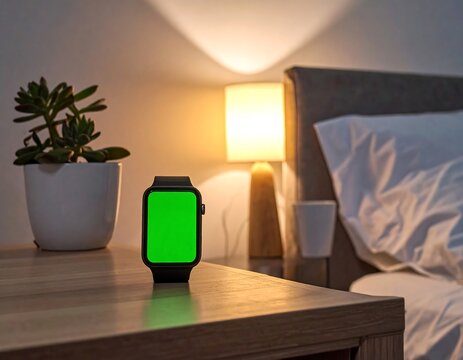 Smartwatch with a green screen on a nightstand in a bedroom