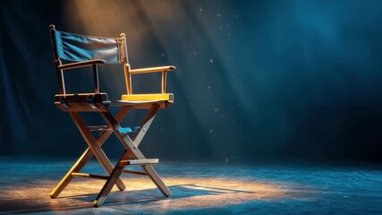 Classic canvas seated directors chair illuminated on stage with dramatic lighting effects, creating a cinematic atmosphere for storytelling