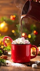 Hot chocolate being poured into a red mug, Christmas theme