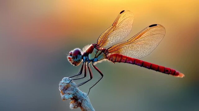 Captivating closeup of a vibrant red dragonfly perched gracefully on a small branch nature beauty