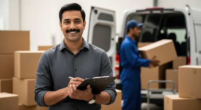 Smiling Logistics Manager Overseeing Delivery Operation with Clipboard
