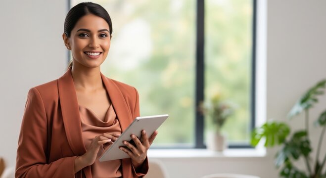 Confident Indian Businesswoman Using Digital Tablet in Modern Office
