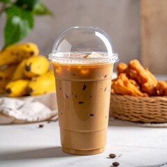 Iced coffee drink with a clear lid, bananas, and fried food