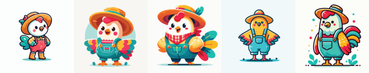 vector image of a chicken wearing a farm costume on a white background