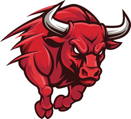 Angry charging red bull mascot illustration vector graphic art symbolizing aggressive strength power determination speed icon design symbol identity branding sport logo concept.