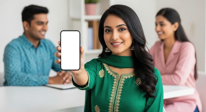 Smiling Indian Woman Shows Blank Smartphone Screen in Office