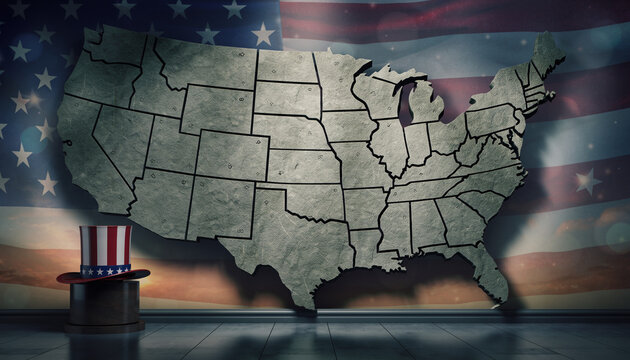 USA map with American flag background and patriotic symbols
