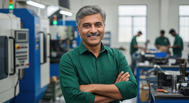 Smiling Indian Manager in Modern Manufacturing Facility