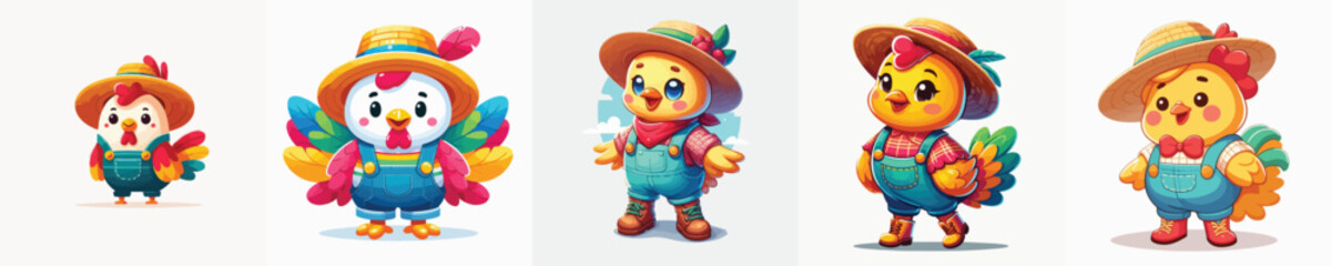 vector image of a chicken wearing a farm costume on a white background