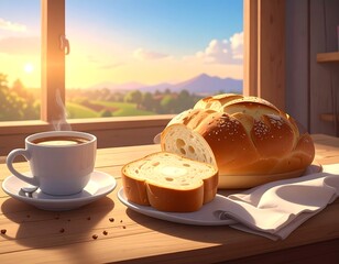 Steaming coffee, bread slices, and a sunny rural scene