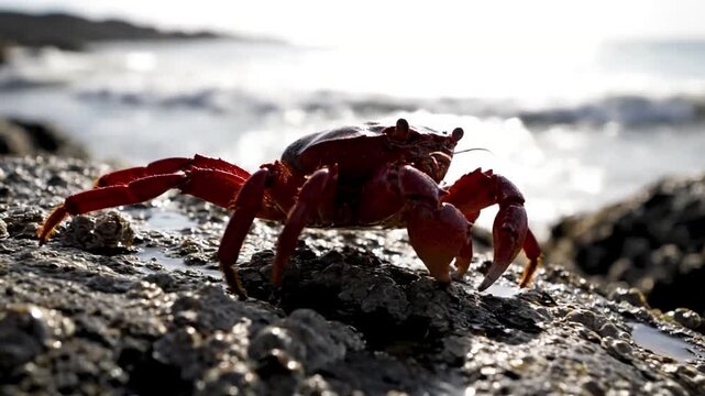 A resilient crab meticulously navigating a rugged, sun drenched rocky shore, showcasing its adaptability to the harsh coastal environment. Wildlife in natural habitats, demonstrating survival and?