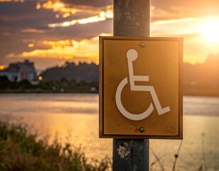 Illuminated handicap parking sign, sunset, waterfront
