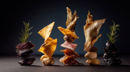 Obraz premium Artistic Arrangement of Various Snacks and Crispy Treats Stacked with Herbs on Dark Background for Food Photography