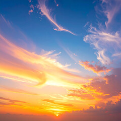 Dramatic Sunset Sky with Fiery Orange and Yellow Clouds Over Distant Horizon image photo