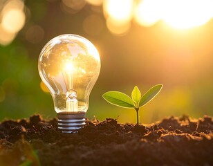 Illuminated lightbulb, new sprout, and sunset backdrop
