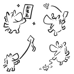 正月を楽しむかわいい馬のモノクロセット　筆絵・お年玉・羽根つき・凧あげ・コマ回し