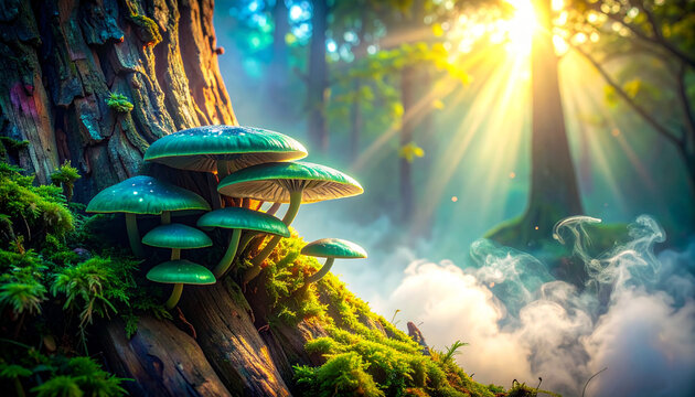 Enchanting green mushrooms grow on a mossy tree trunk in a sunlit forest nature
